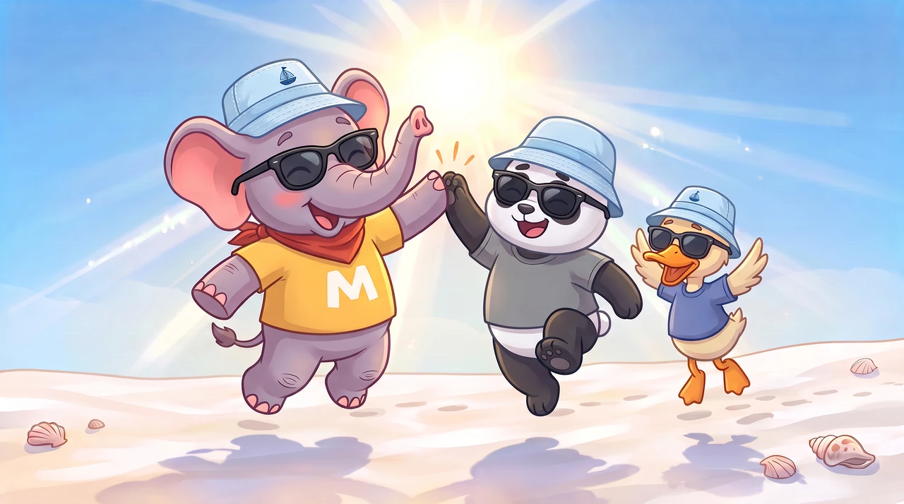 MoMo, PanPan and QuackQuack celebrating together in the sunshine